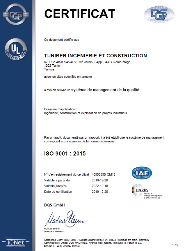 Certificat ISO 9001 : 2015 Tuniber - DQS Tunisie Recto