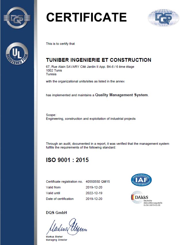 Certification ISO 9001 : 2015 TUNIBER - DQS Tunisie recto