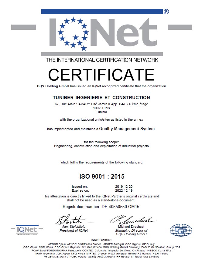 Certificat ISO 9001 : 2015 TUNIBER - IQNET Tunisie recto