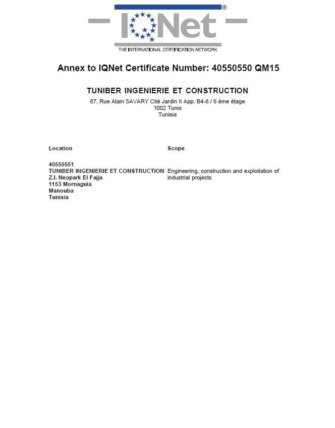 Certificat ISO 9001 : 2015 TUNIBER - IQNET Tunisie verso