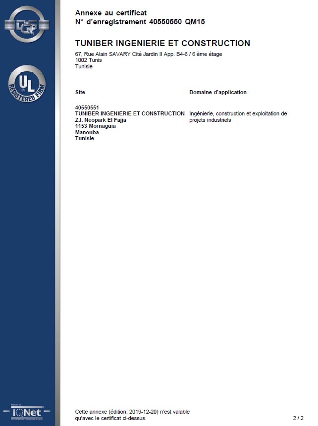 Certificat ISO 9001 : 2015 Tuniber - DQS Tunisie verso